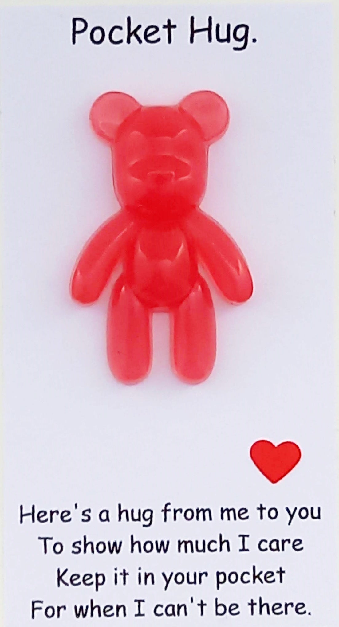 A red teddy bear shape, with a message card stating 'Here's a hug from me to you. To show how much I care.