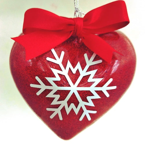 Red Snowdrop Heart Shape Glass Bauble with Red Bow