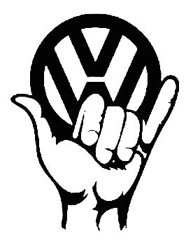 VW logo with a hand making a peace sign