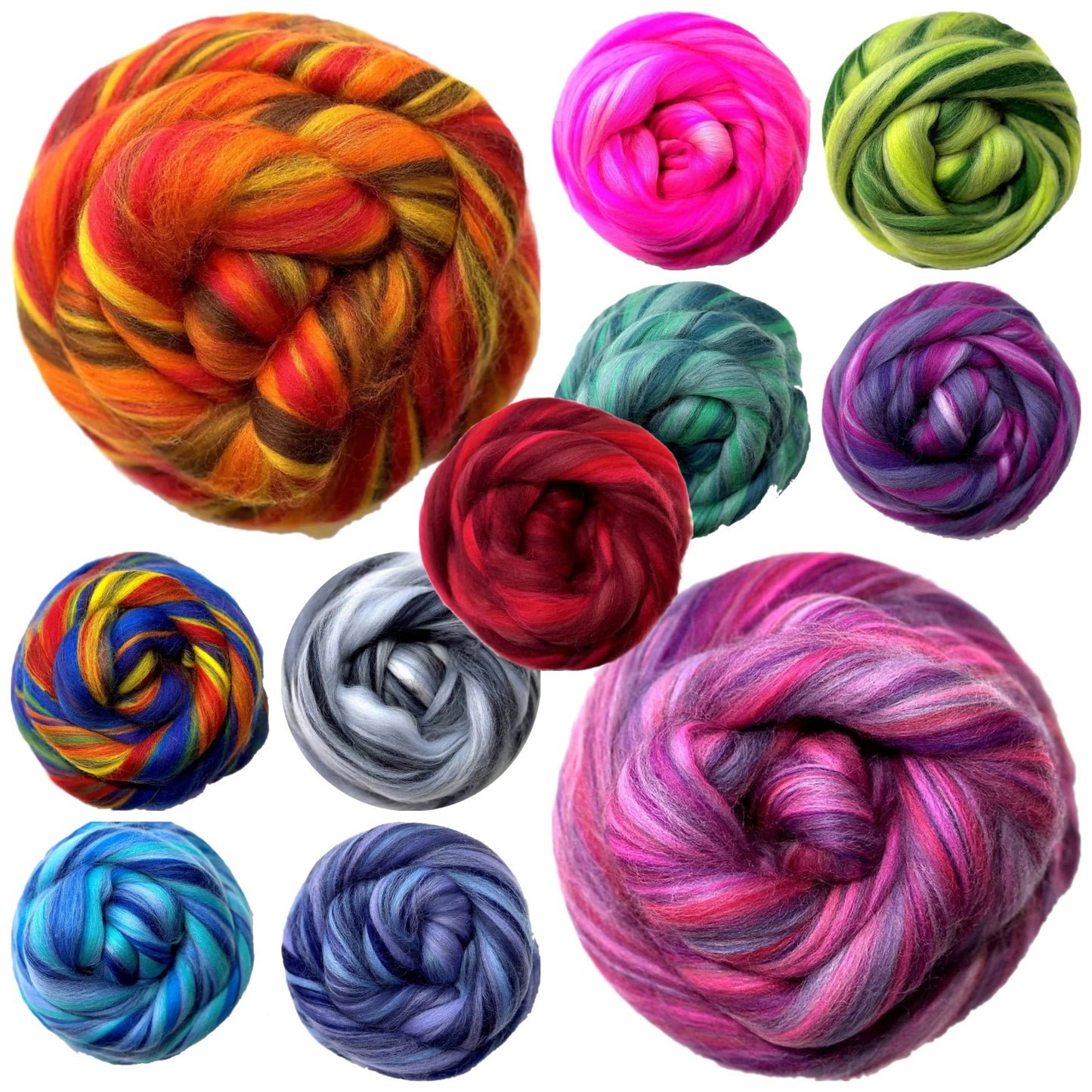 Assorted colorful yarn balls on a white background
