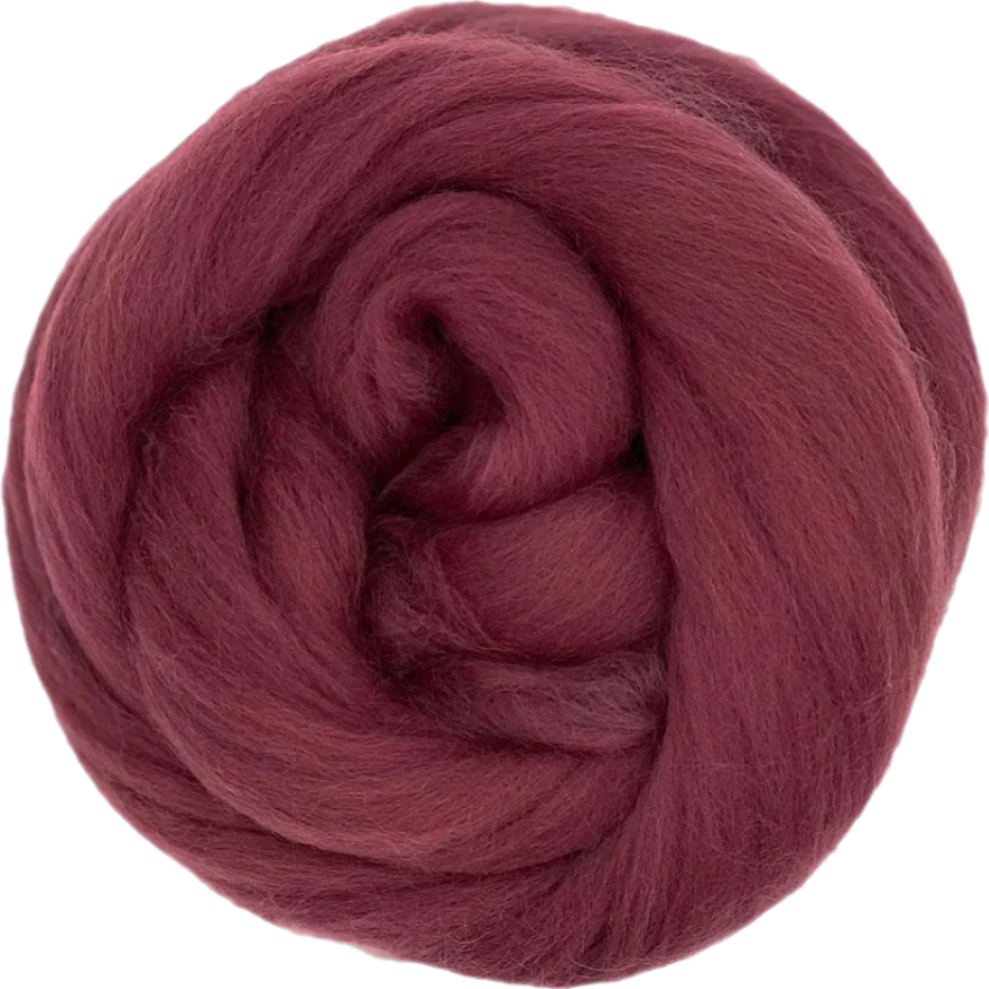 Ball of dark red yarn on a white background