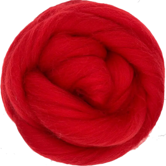 Red wool roving on a white background