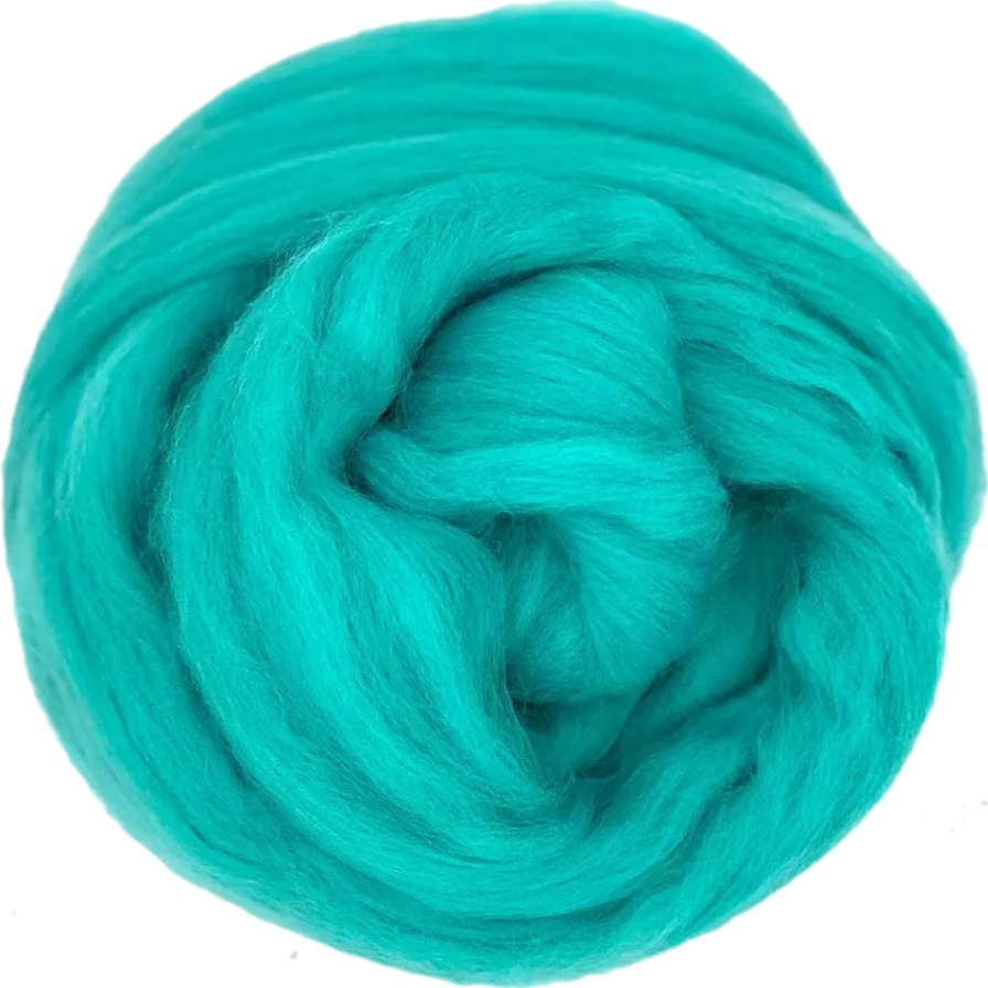 Turquoise wool roving on a white background